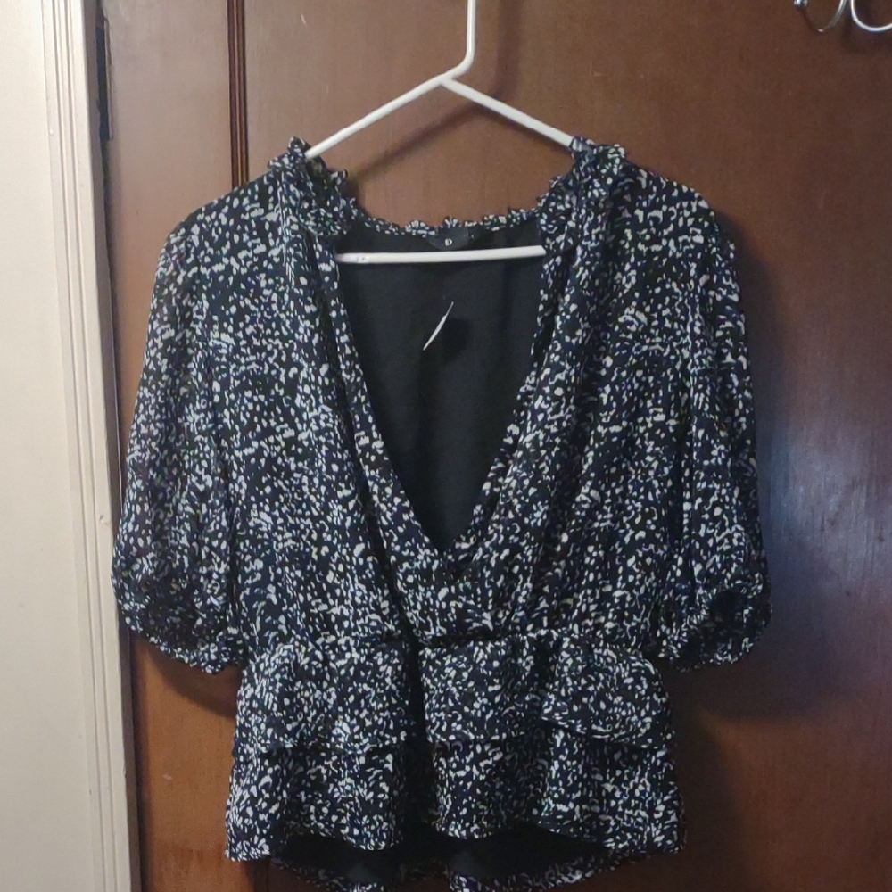 Express Ruffled Sheer Puffy Sleeve V-neck Top Women's Medium